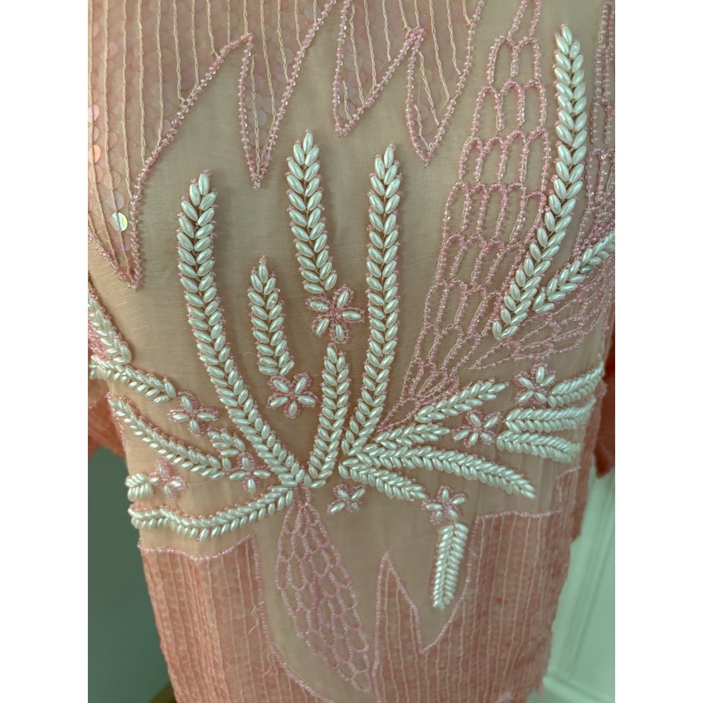 Vintage Pink Beaded Sequin Blouse Faux Pearl Evening Top Scalloped Hem - Picture 11 of 16